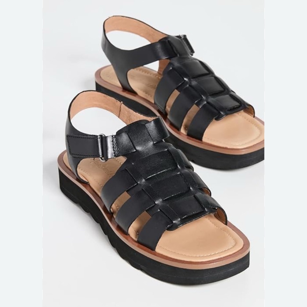 Madewell Fisherman sandals platform black leather super comfy US 6,5